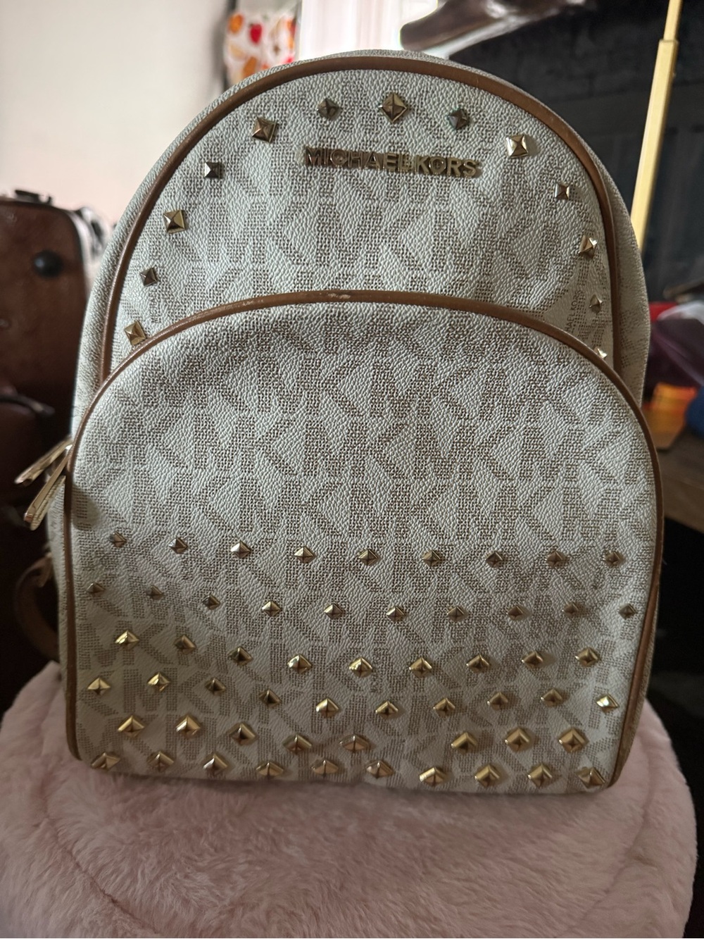 Michael Kors Beige Logo-Print Mini Backpack with Gold Hardware